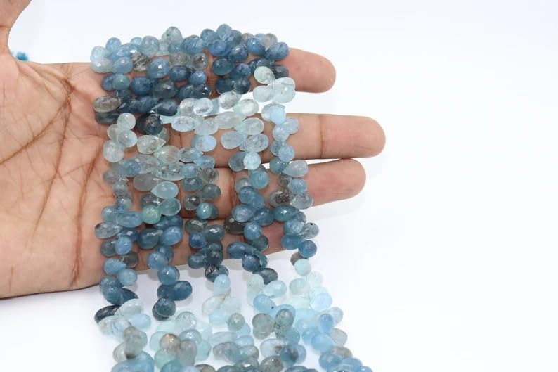 Moss Aquamarine Faceted Drops Shape Beads 6.5 * 10 mm Moss Aquamarine Side Cut Drops Beads Aquamarine Beads Strand
