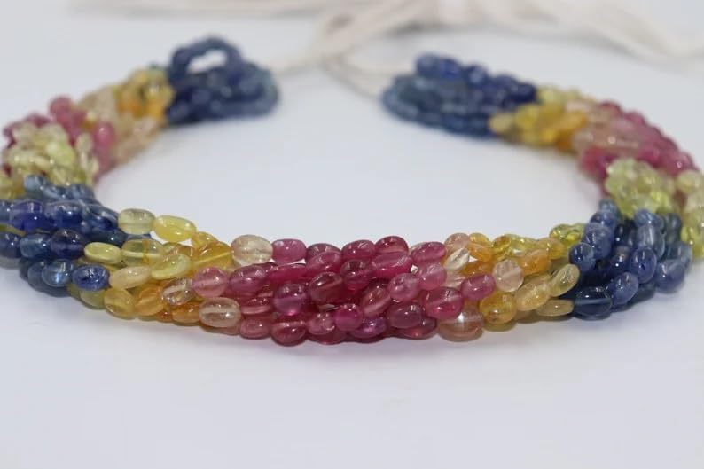 Natural Sapphire Smooth Oval Shape Beads 5x7-6x8mm Multi Sapphire Beads for Jewelry Making