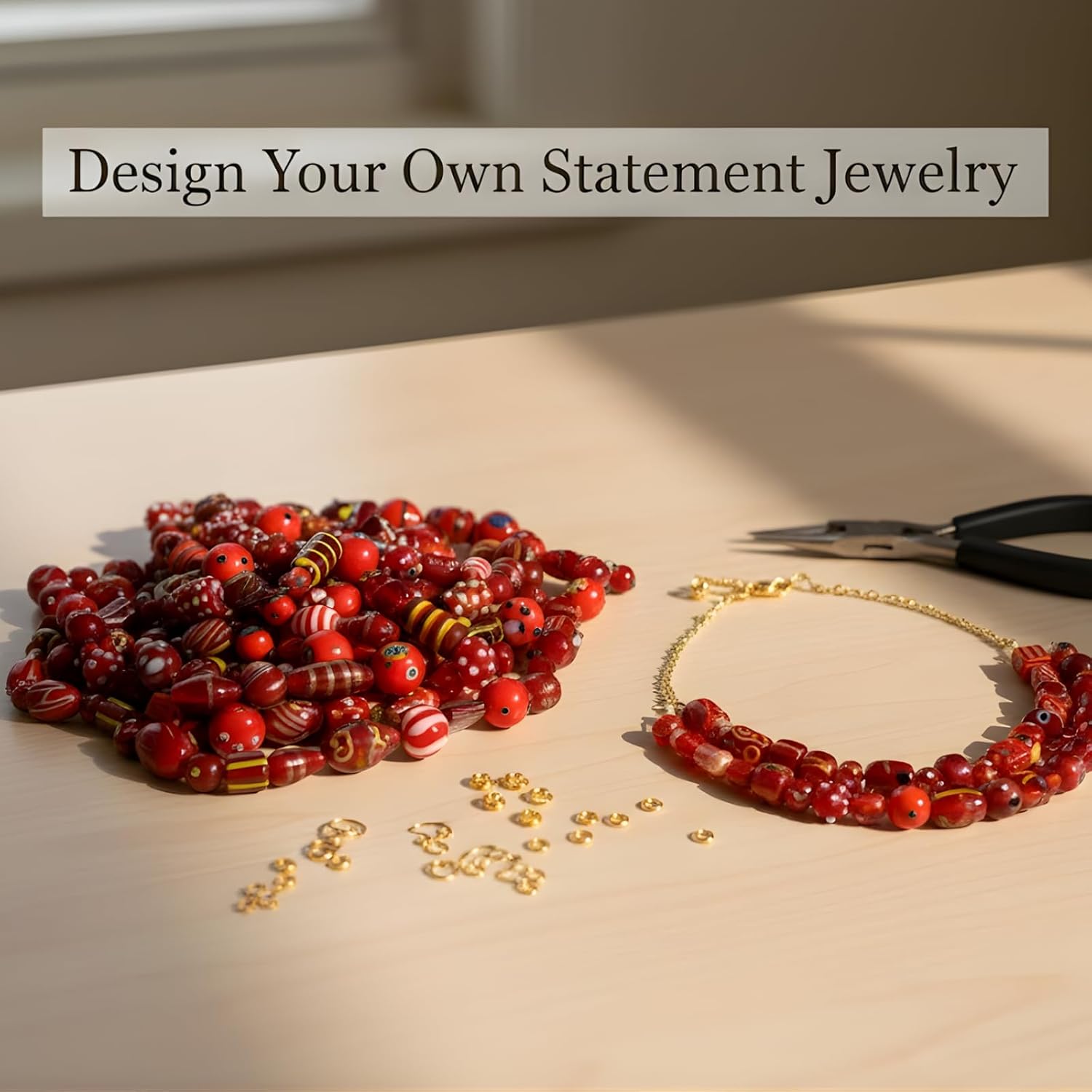 Handcrafted Red Lampwork Glass Beads | Mixed Shape Fancy Assorted Beads | Available in 40 Strands | Artistic Handmade Beads for Jewelry Making, DIY Crafts.