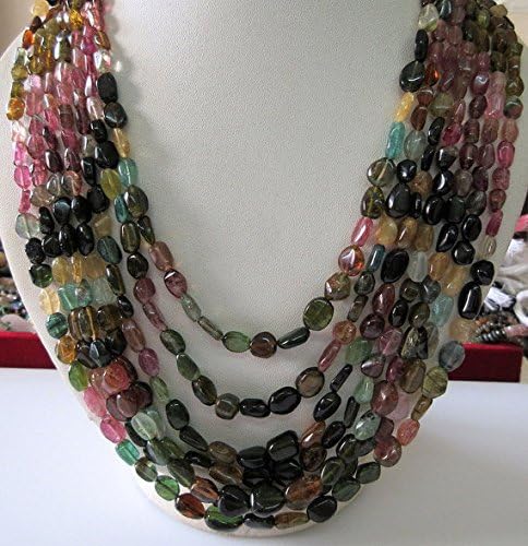 Multi Layered Tourmaline Necklace, Green Pink Tourmaline Smooth Oval Beads, 5mm To 9mm Each, 7 Strands 16 Inches