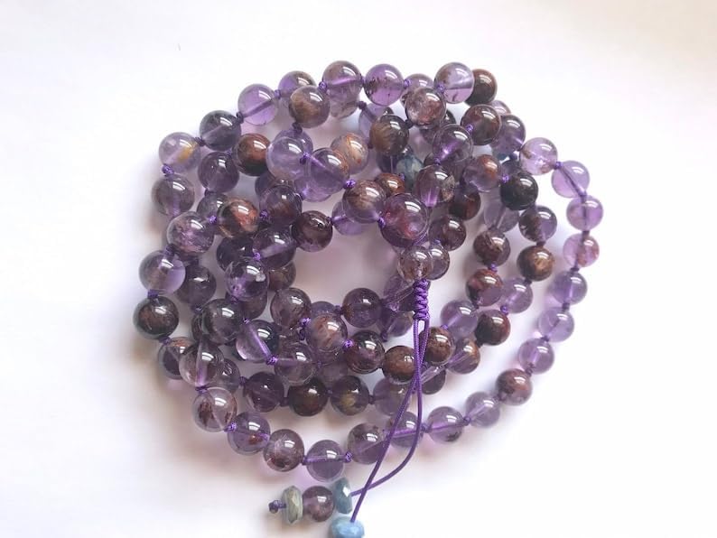 Natural Amethyst Cacoxenite,Kyanite 8mm-12mm 108 Mala Beads, Spiritual, Meditation Beads, Reiki, Japa Mala, Buddhist Prayer Beads, Yoga Bracelet, healing beads LKMALA-RRGU-1031