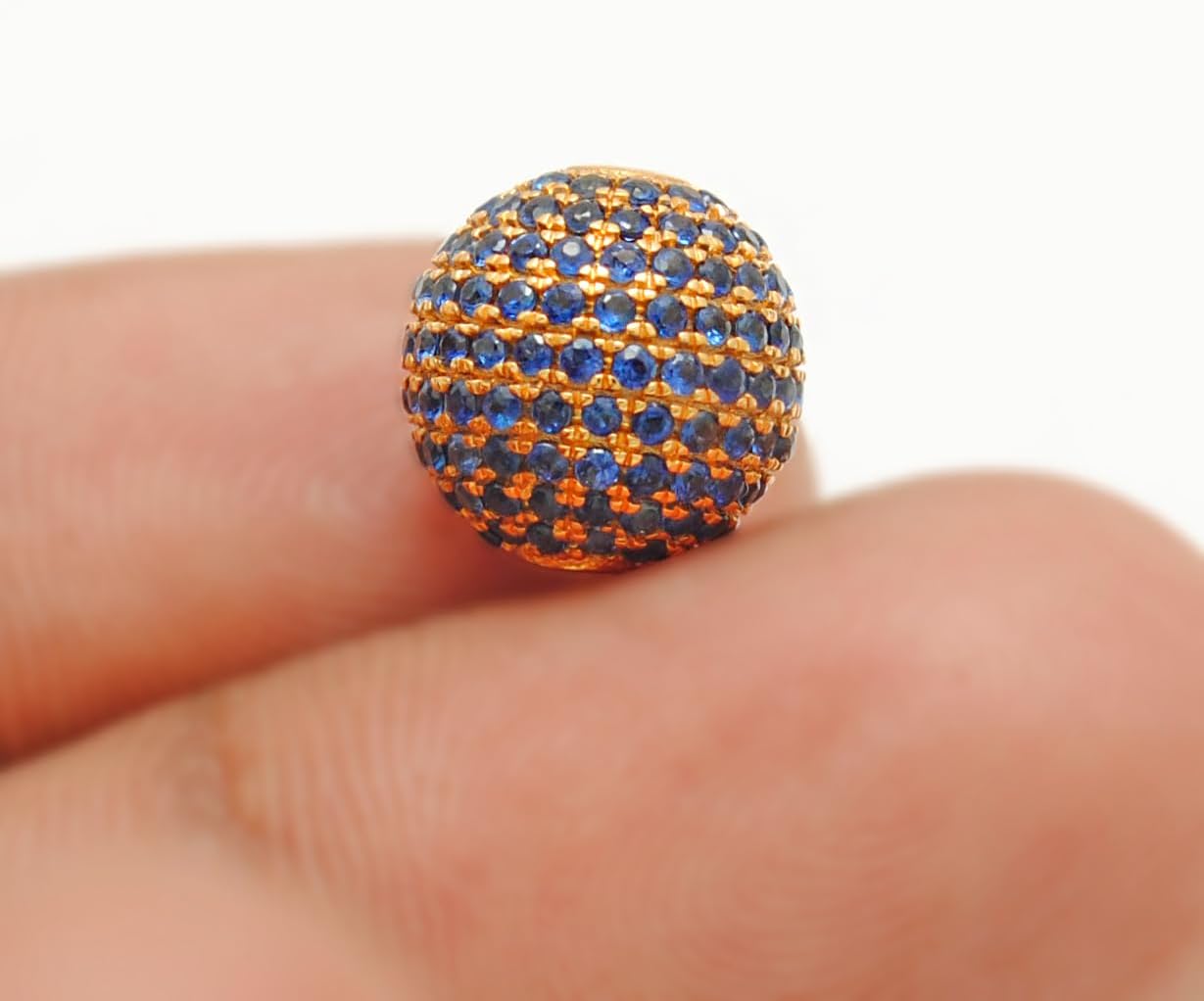 Kanika Creations 8mm 14K Solid Yellow Gold Pavé Spacer Bead with Natural Blue Sapphire – Round Gold Finding for Jewelry – Gift for Her