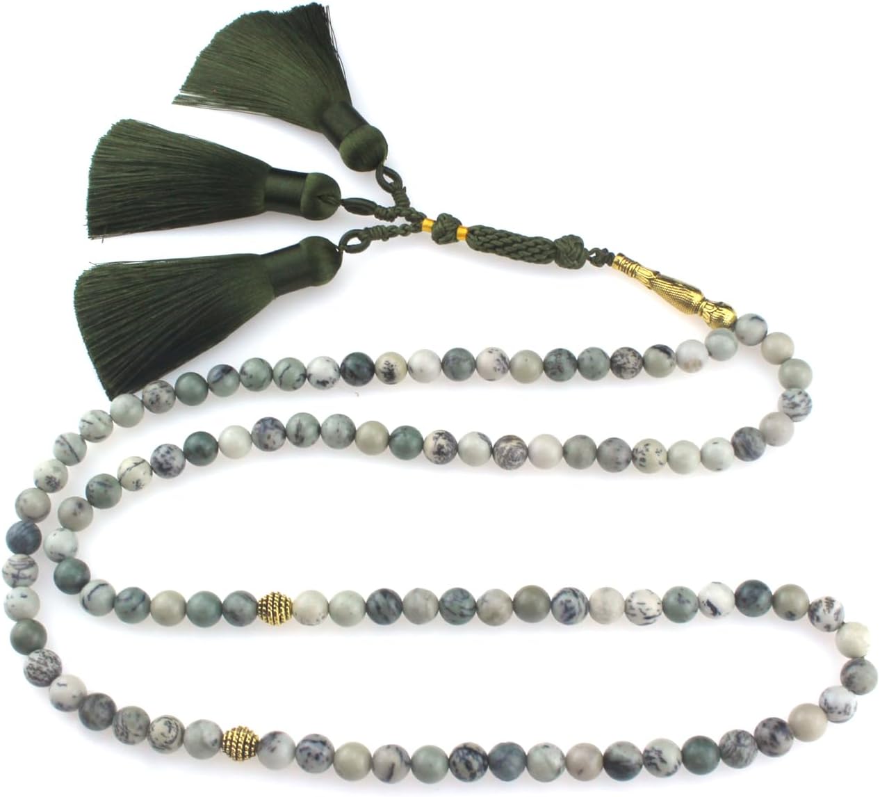 Muslims Islamic Dhikr Tasbeeh 99 Tasbih Prayer Beads, Light Green Jade Stone Beads with Tassel