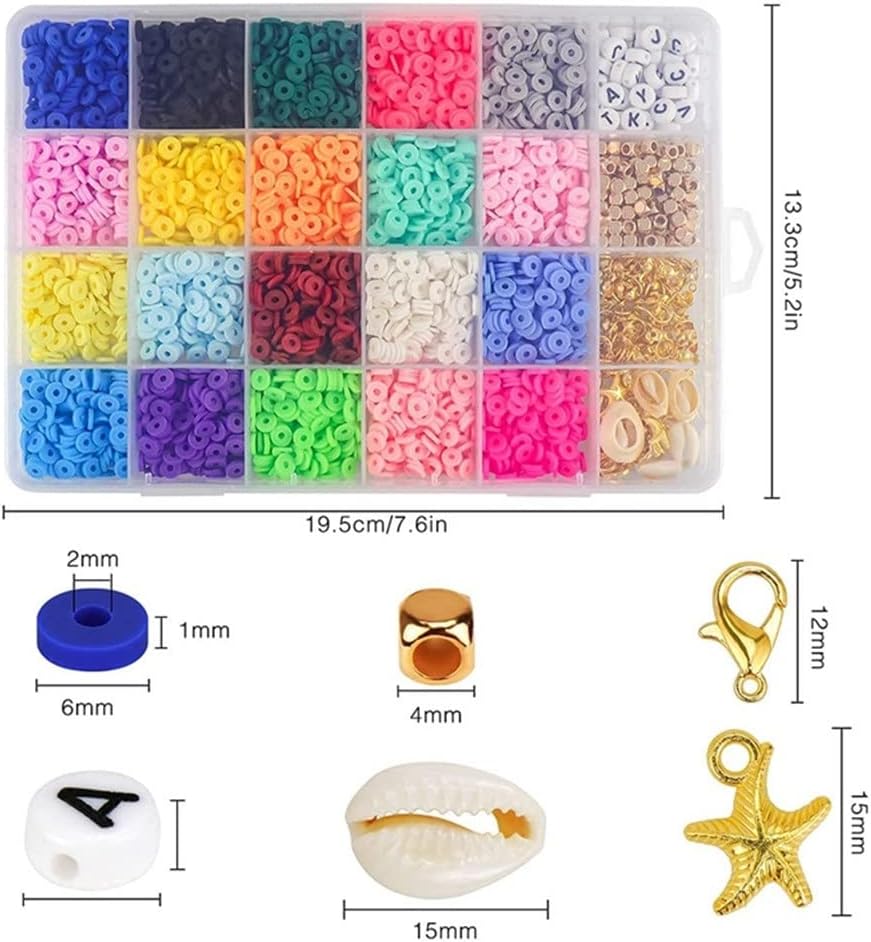 4270 Pcs Clay Beads 6mm 20 Colors Flat Round Polymer Clay Spacer Beads with Pendant Charms Kit and 4 Roll Elastic String (Color : A, Size : One Size)