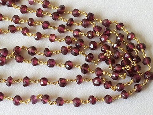 LKBEADS 5 Feet Garnet Faceted Rondelle Beads in 925 24Kt Gold Plating Wire Wrapped Rosary Style Chain