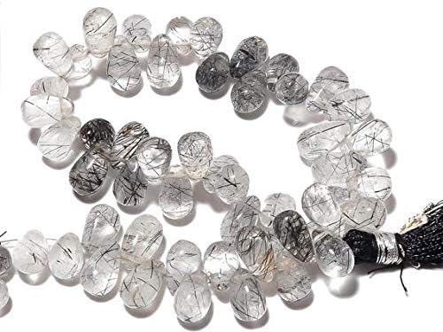 Black Rutilated Quartz Pear Smooth Tear Drop Beads, Rutile Quartz Briolette Beads, Huge 8mm to 9mm Each, 8 Inch Strand Code-HIGH-47961