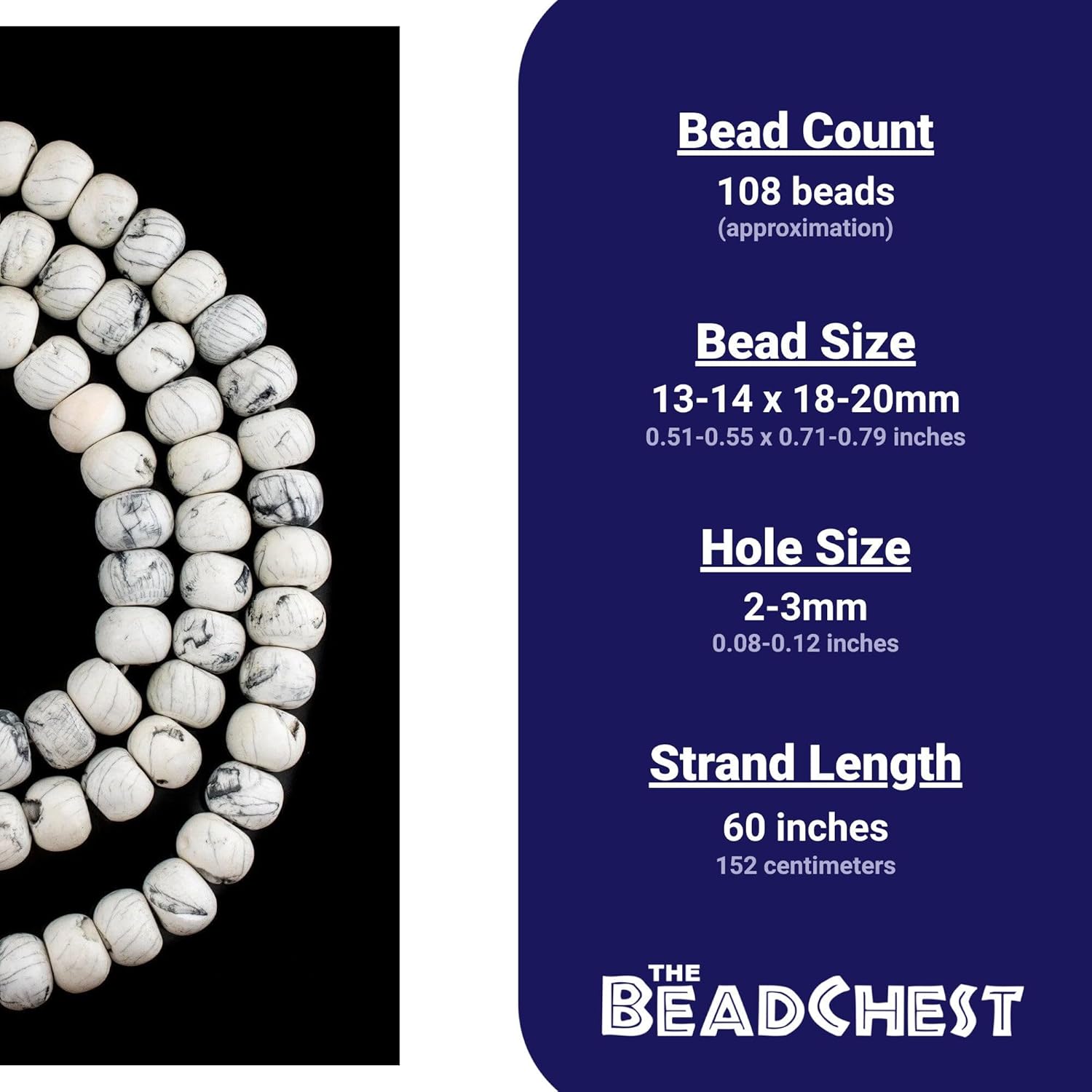 The Bead Chest Naga Conch Shell Mala Beads 18-20mm Nepal White Round Large Hole 60 Inch Strand