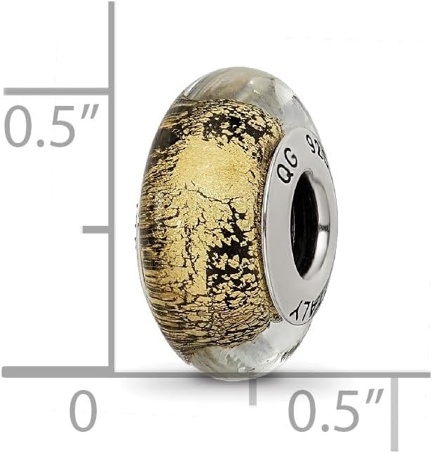 Solid 925 Sterling Silver Reflections Black/Gold-Tone Italian Murano Glass Bead (7.3mm x 13.6mm)