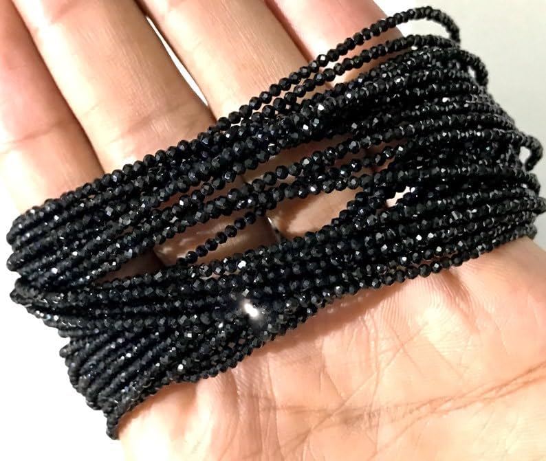 Natural Black Spinal(Micro Cut) Roundelle Faceted Beads 2 MM 18 inch Long String Jewelry Making Gemstone Beads for Necklace Bracelet