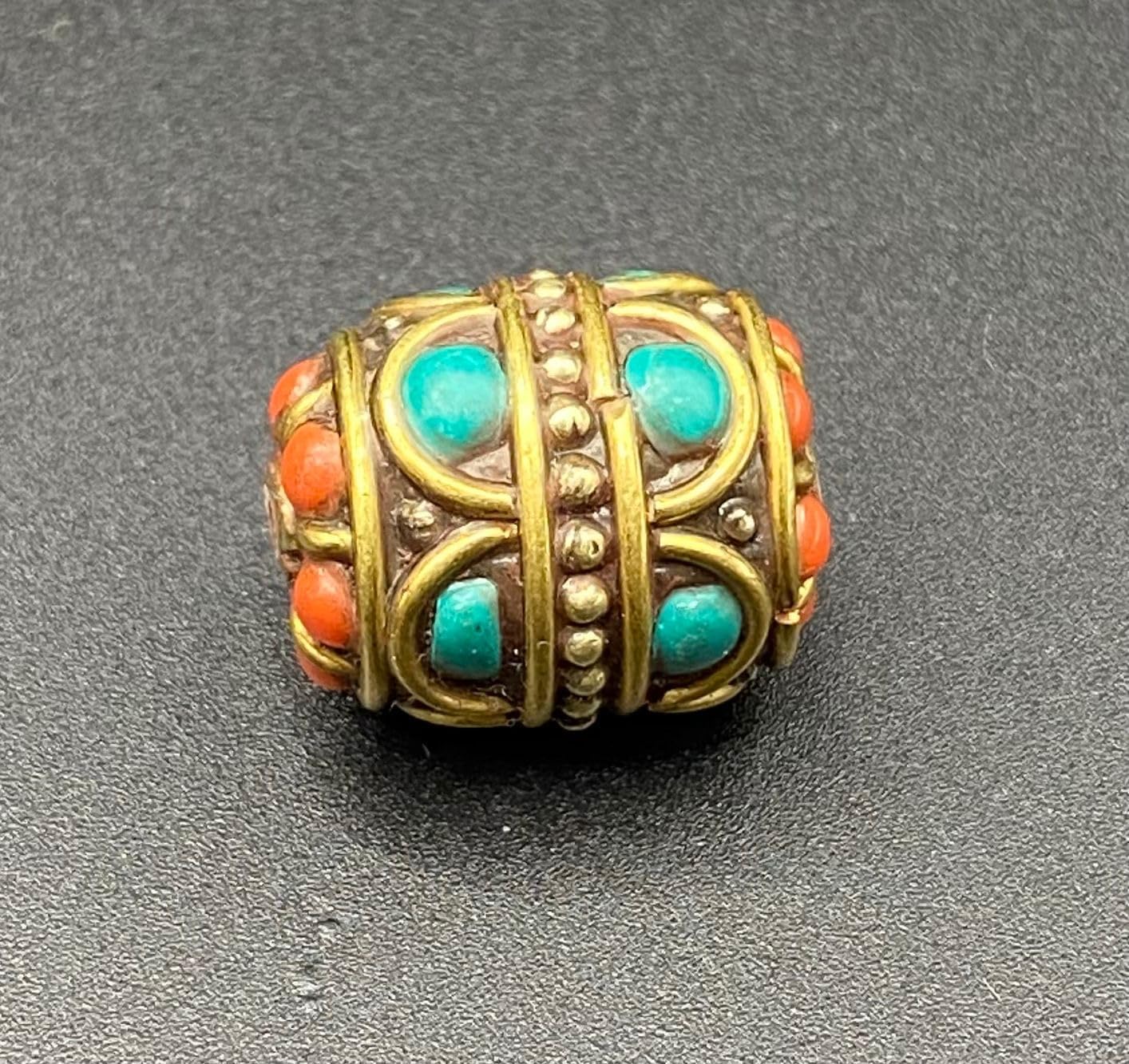 Old Antique Nepal Tibetan Handmade Brass Bead 19x15mm 7g | Turquoise & Coral Inlay Barrel Bead | Ethnic Boho Jewelry Supply | for Pendant Bracelet Necklace Making (50)