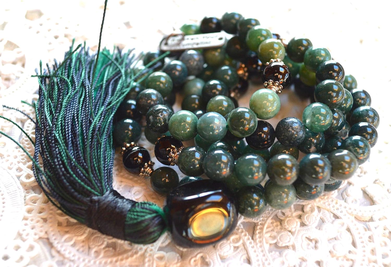 Energized Natural 108 Moss Agate Mala Beads Necklace, 8 mm Bracelet, Dark Green Moss Agate, Mala Bead, Stretch Bracelet, Heart Chakra, Knotted Wrap Mala