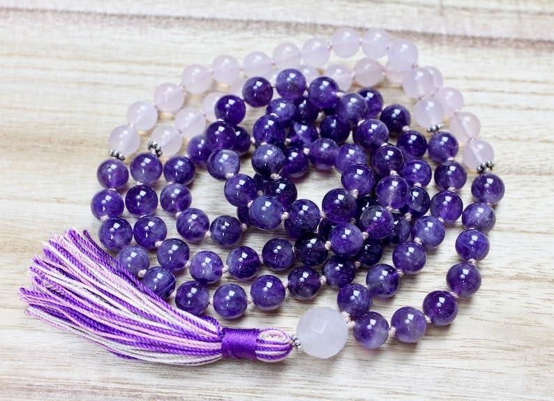 Natural Amethyst and Rose Quartz 8mm 108 Mala Beads, Spiritual, Meditation Beads, Reiki, Japa Mala, Buddhist Prayer Beads, Yoga Bracelet, healing beads LKMALA-RRGU-2928