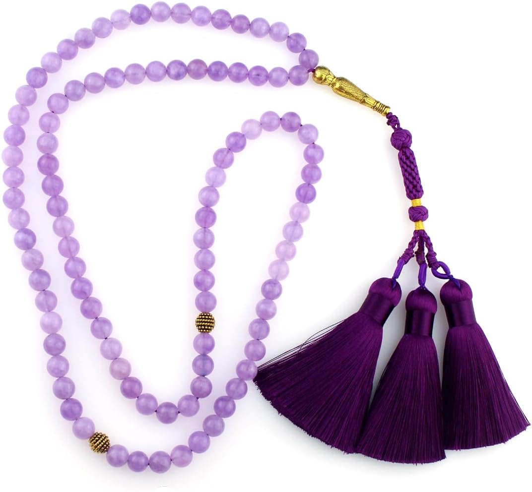 Muslims Islamic Dhikr 99 Tasbeeh Tasbih Prayer Beads, Purple Jade Stone Beads with Tassel