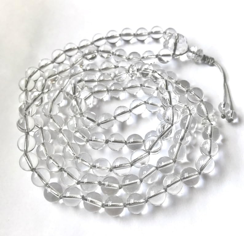 Natural Clear Quartz 8mm-12mm 108 Mala Beads, Spiritual, Meditation Beads, Reiki, Japa Mala, Buddhist Prayer Beads, Yoga Bracelet, healing beads LKMALA-RRGU-1002