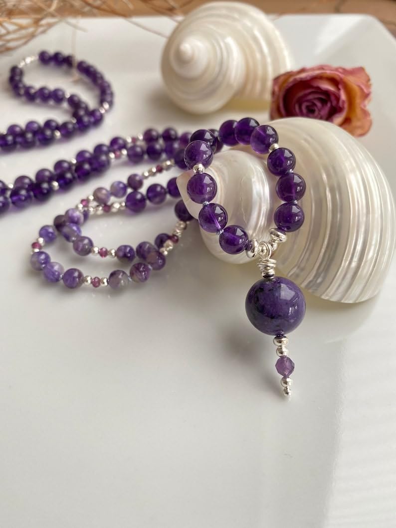Natural Dark charoite and amethyst 5mm,6mm 108 Mala Beads, Spiritual, Meditation Beads, Reiki, Japa Mala, Buddhist Prayer Beads, Yoga Bracelet, healing beads LKMALA-RRGU-3484