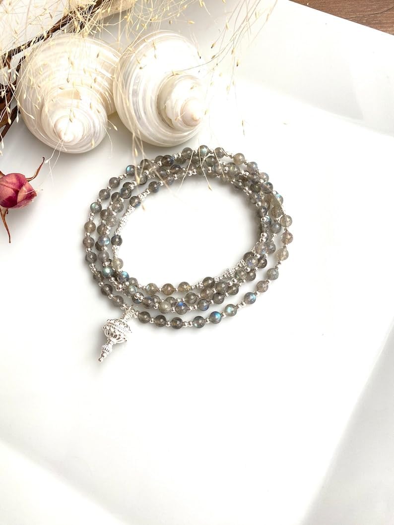 labradorite Stone Mala Beads, 108 Mala Necklace, Knotted Mala, WWG Necklace, Yoga Jewelry Meditation Beads Spiritual Jewelry Boho Jewelry