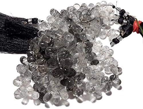 Black Rutilated Quartz Pear Smooth Tear Drop Beads, Rutile Quartz Briolette Beads, Huge 8mm to 9mm Each, 8 Inch Strand Code-HIGH-47961