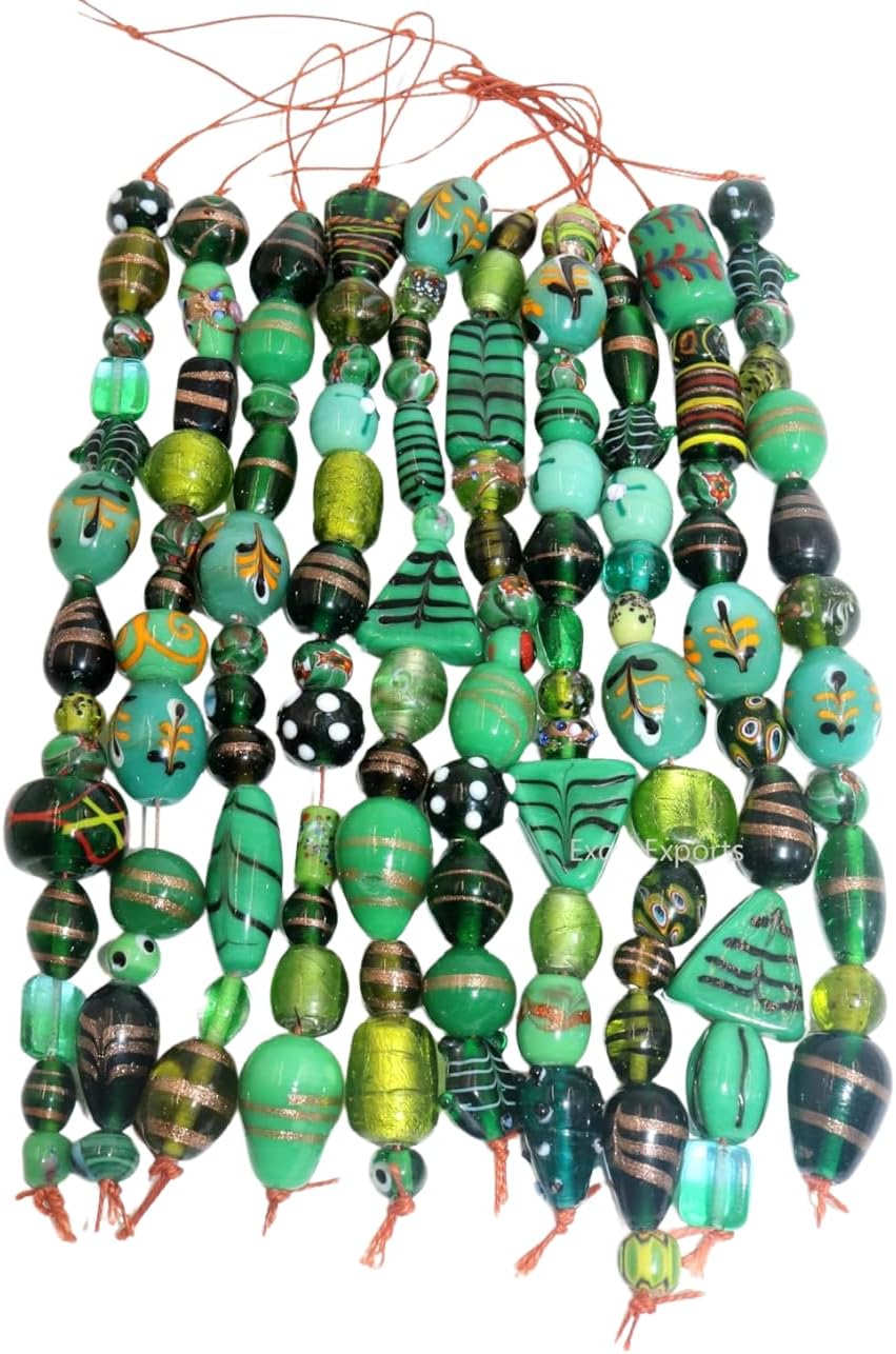 Handcrafted Green Combination Lampwork Glass Beads | Multi-Shape Fancy Spacer Beads | Available in 20 Strands | Artistic Handmade Beads for Jewelry Making & DIY Crafts.