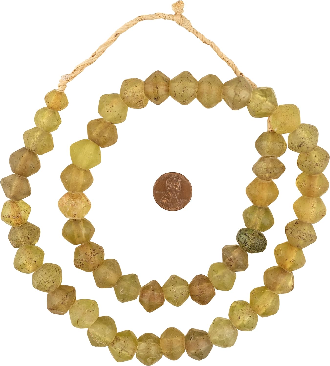 The Bead Chest Antique Yellow Vaseline Beads 15mm Ethiopia African Bicone Glass Large Hole 26-28 Inch Strand Handmade