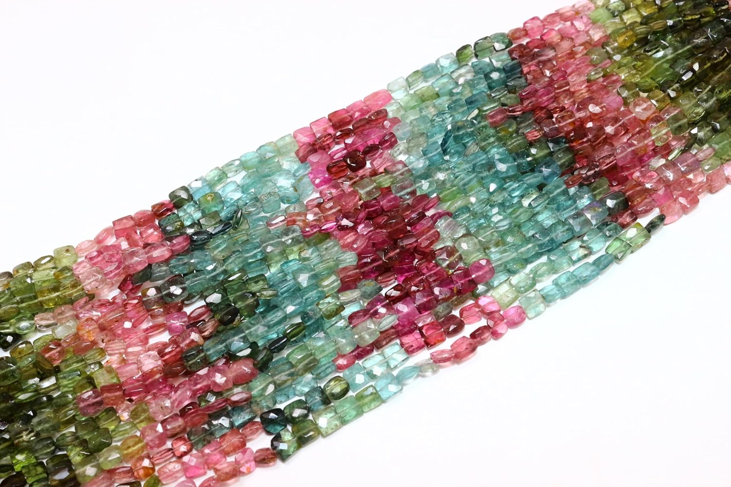 Natural Multi-Color Tourmaline Gemstone Beads, Faceted Cushion Cut, 5mm Size, 13 Inch Strand, Pink Green Mixed