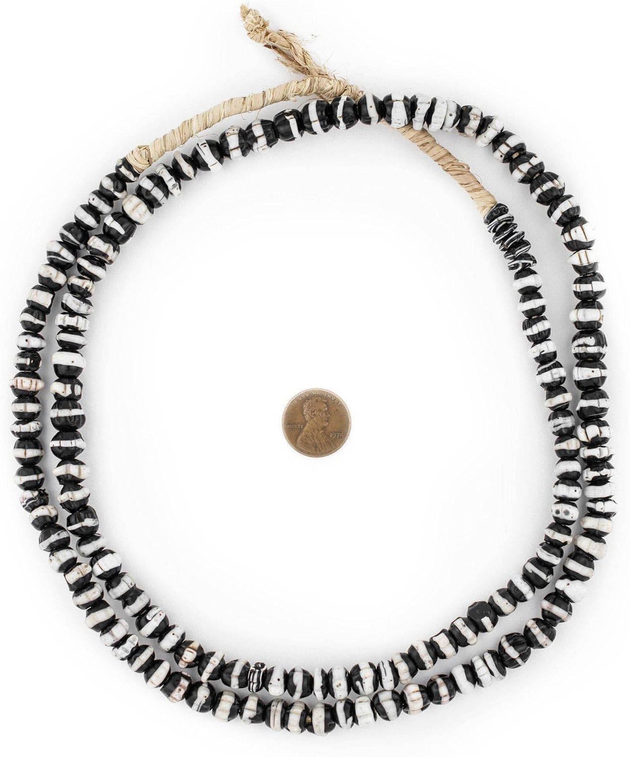 The Bead Chest White Stripe Dogtooth Venetian Trade Beads 8-10mm Nigeria African Black and White Unusual Glass Large Hole 38 Inch Strand