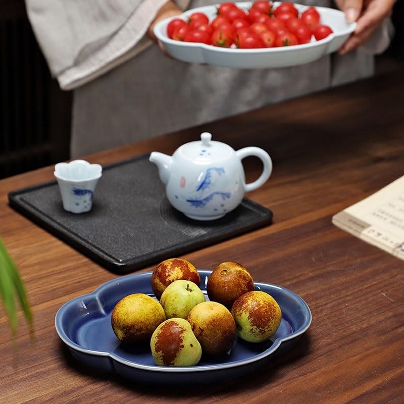 Tray Chinese Style Begonia Pot Holder Ceramic Tray Tea Tray Tea Restaurant Tea Tray Fruit Tray Nut Snack Tray Serving Trays(Cyan)