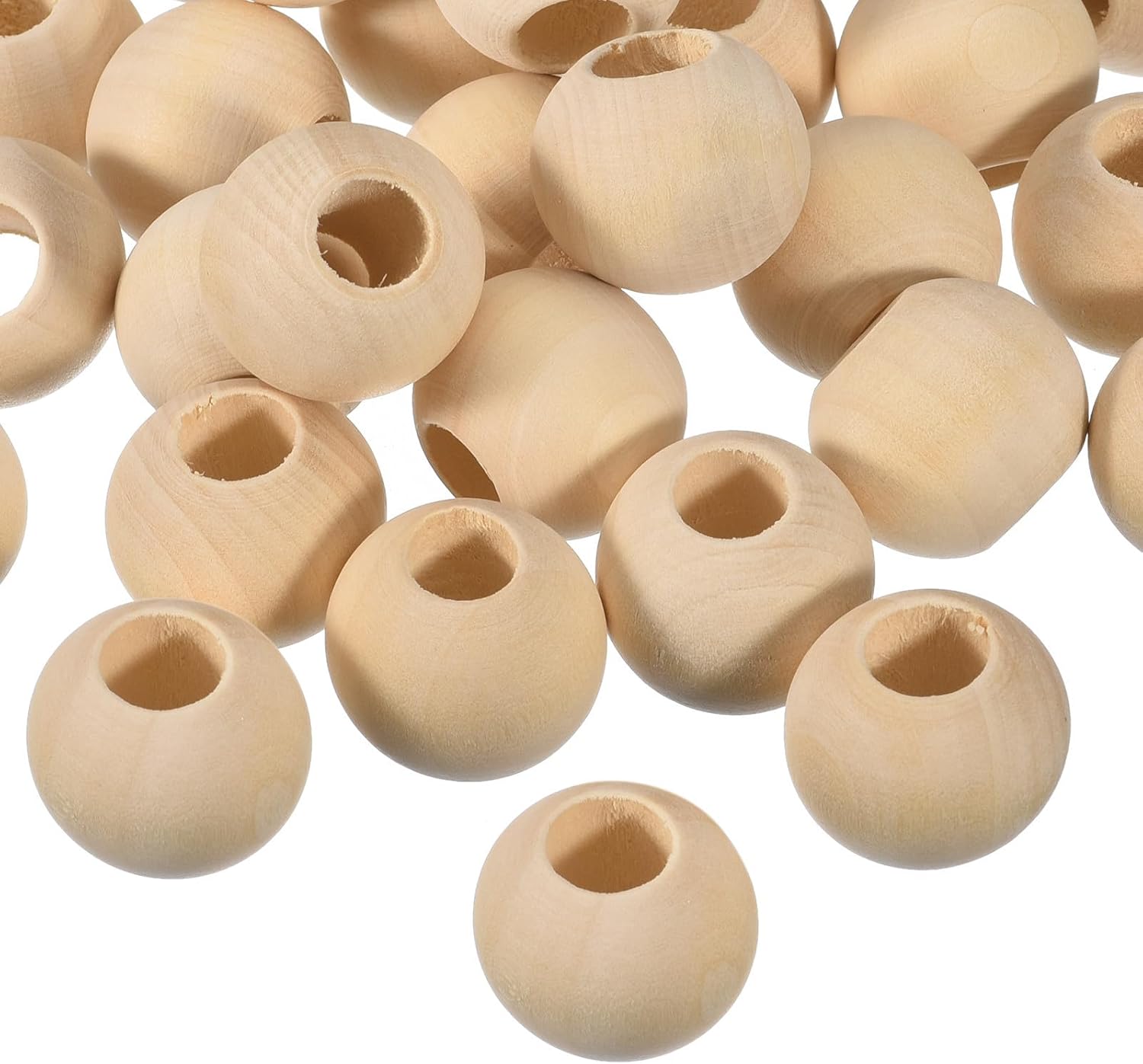 #US 100Pcs 30mm Natural Wood S Bead 15mm Hole Unfinished Round Wooden Beads