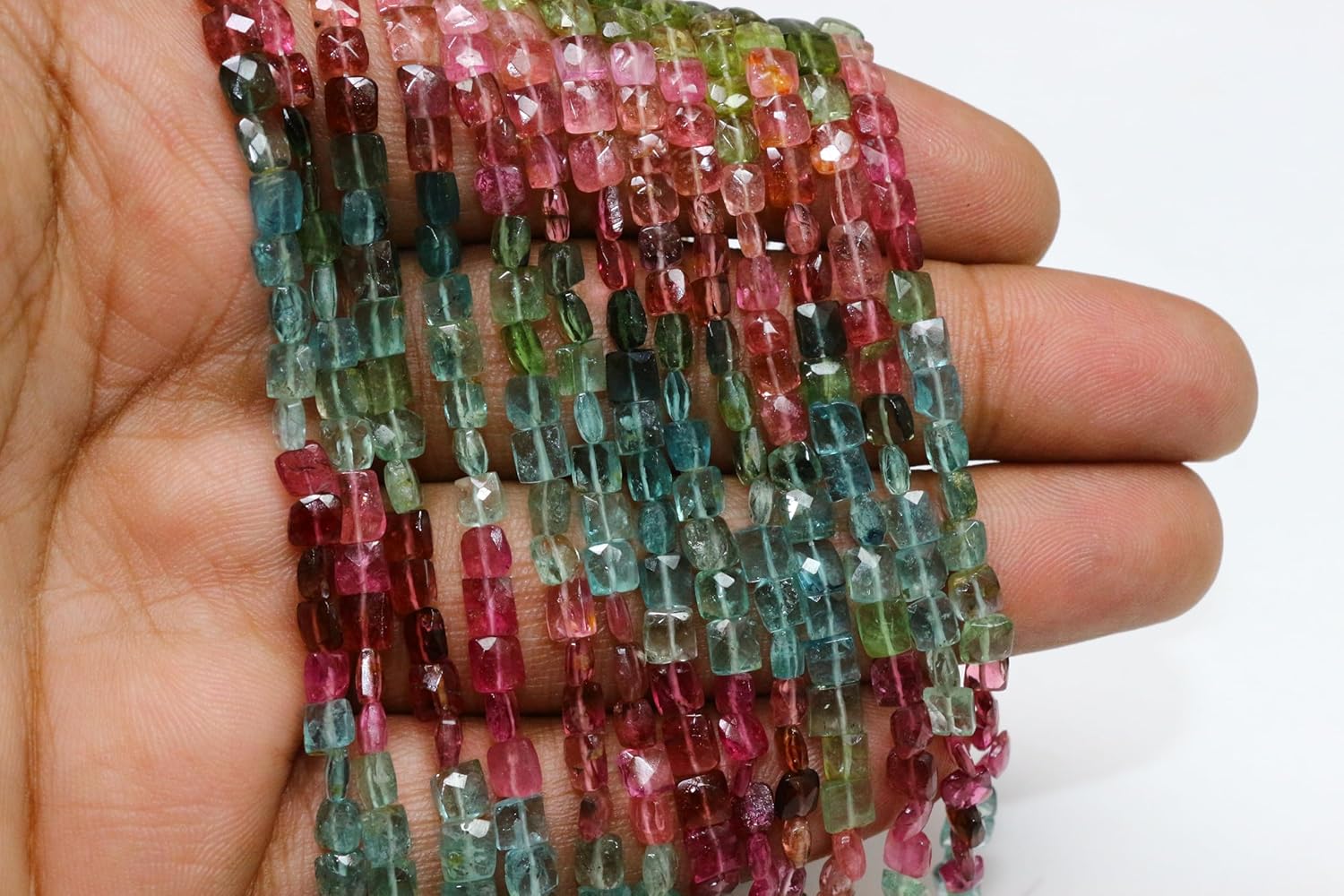 Natural Multi-Color Tourmaline Gemstone Beads, Faceted Cushion Cut, 5mm Size, 13 Inch Strand, Pink Green Mixed