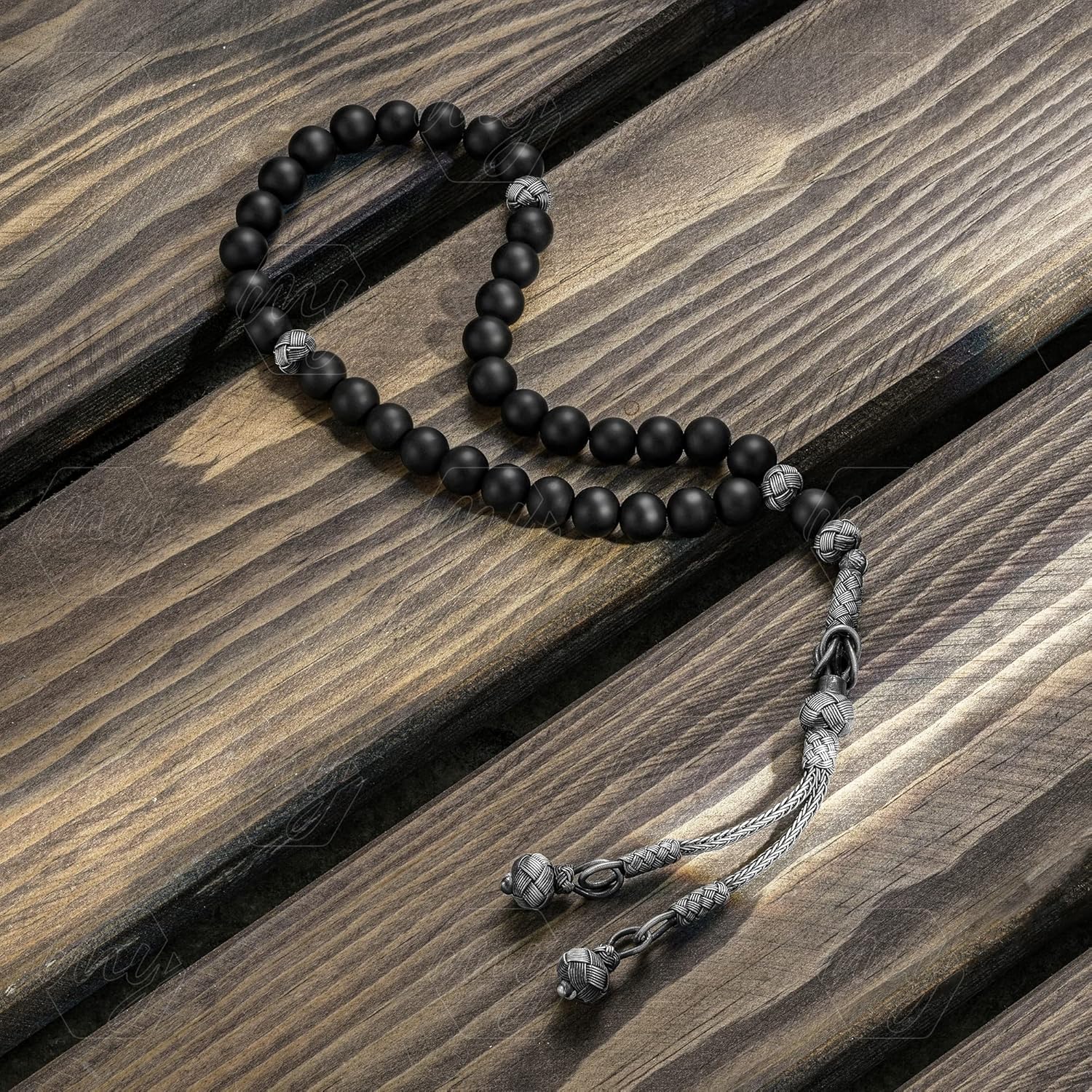 1000 Ct Silver Turkish Kazaz Matte Onyx Islamic 33 Prayer Beads Tasbeeh Rosary