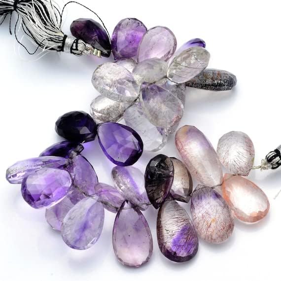 BEADS GEMSTONE 1 Strand Natural Amethyst Rutile Faceted Pear Shape Briolettes 7 Inch Long long 10x12-15x24 mm Code-HIGH-5319