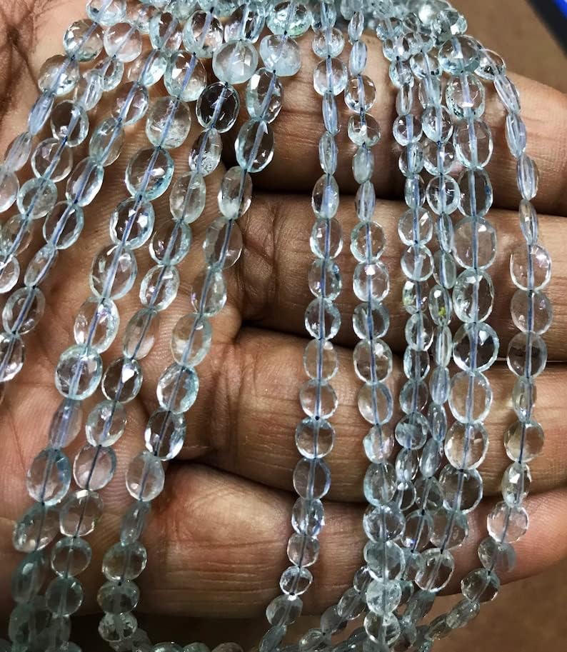 Natural AQUAMARINE oval Faceted Beads 4x5-5x6mm 13 inch long string jewelry making gemstone beads for necklace bracelet