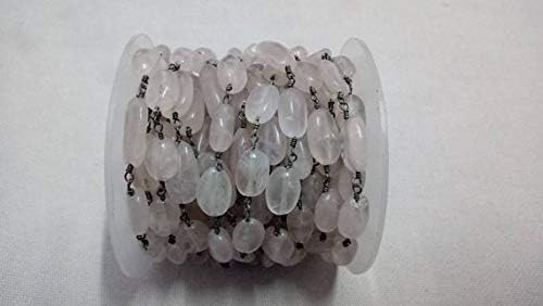 5 feet natural rose quartz smooth oval beaded chain - oxidized wire wrapped chain - oval beaded chain - beads size 6x8mm