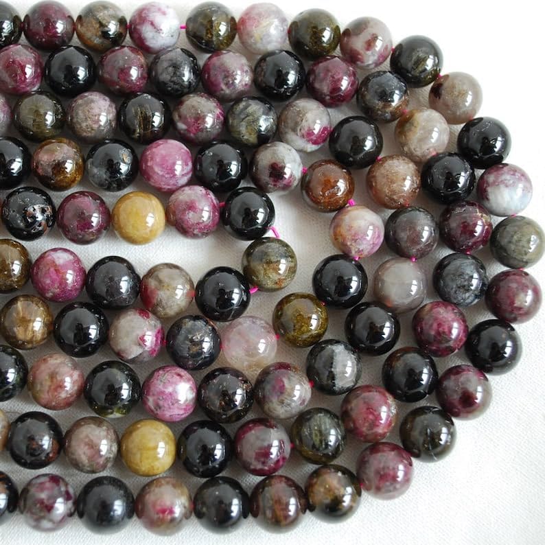 13 inch Strand of Natural gem Multi-Colour Tourmaline, 10mm Round Smooth Beads for DIY Jewelry Making. | Beads_05703