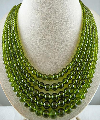 5 Line Natural Peridot Round Beads String Necklace 19 INCH 5-8mm
