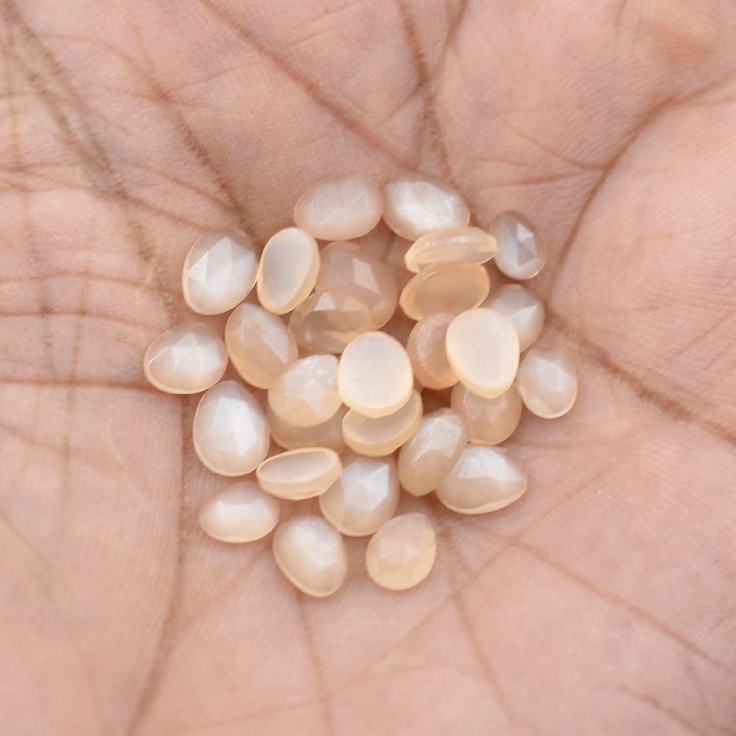 Peach Moonstone Loose Stone Beads Cabochon Brilliant Rose Cut Oval Shape 4X5 to 5X7 mm Flat Back Gemstone Drill Bead Making Jewelry Supply (Side Drill, 50)