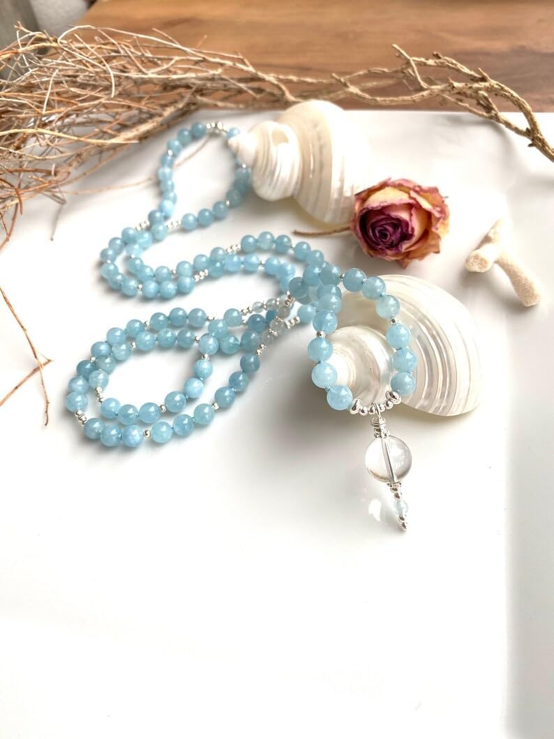 Natural Aquamarine 6-7mm 108 Mala Beads, Spiritual, Meditation Beads, Reiki, Japa Mala, Buddhist Prayer Beads, Yoga Bracelet, healing beads LKMALA-RRGU-3425
