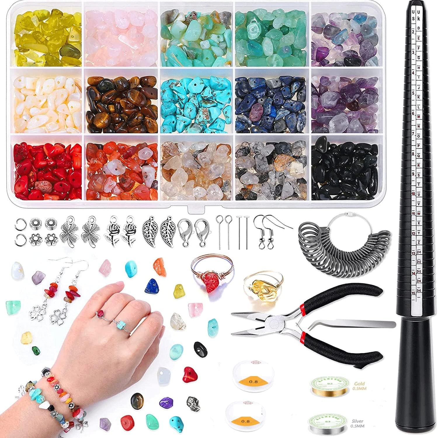Irregular Chips Stone Beads Natural Gemstone Beads Kit with Earring Hooks Spacer Beads Pendants Charms Jump Rings for DIY Jewelry Necklace Bracelet Earring Making for All People
