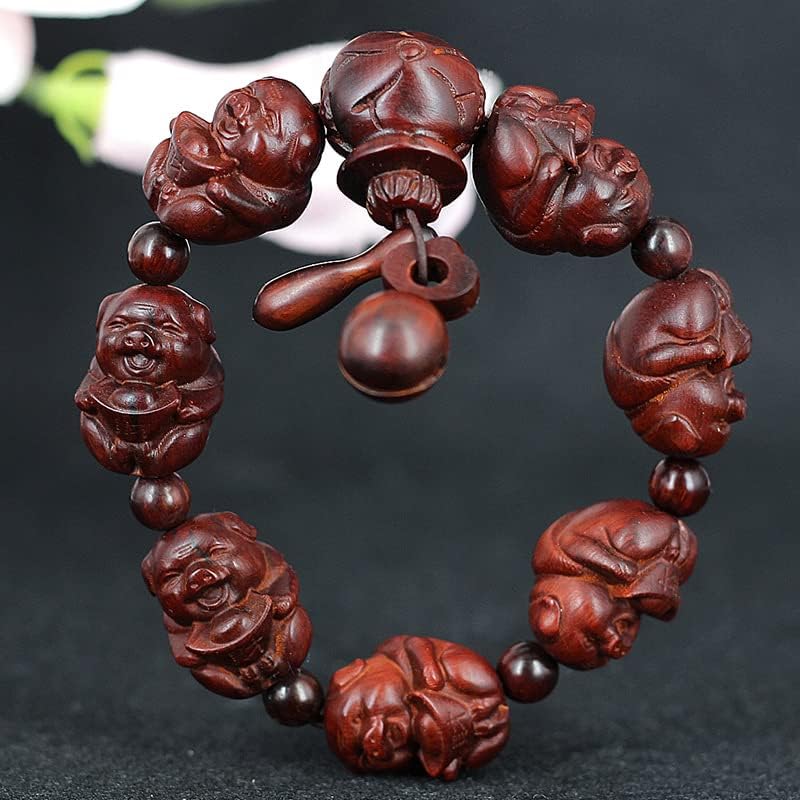 犀牛角紫檀雕刻佛珠手串 媲美小叶紫檀 老料沉水红木文玩(招财猪手串)