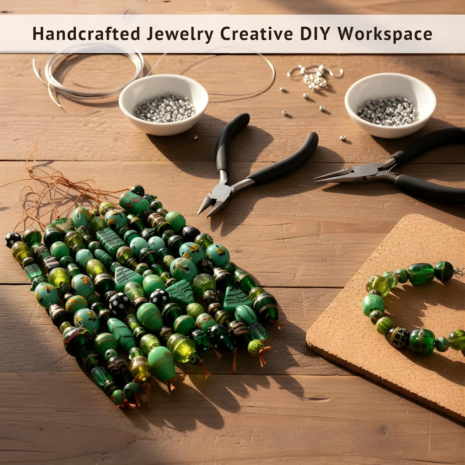 Handcrafted Green Combination Lampwork Glass Beads | Multi-Shape Fancy Spacer Beads | Available in 20 Strands | Artistic Handmade Beads for Jewelry Making & DIY Crafts.