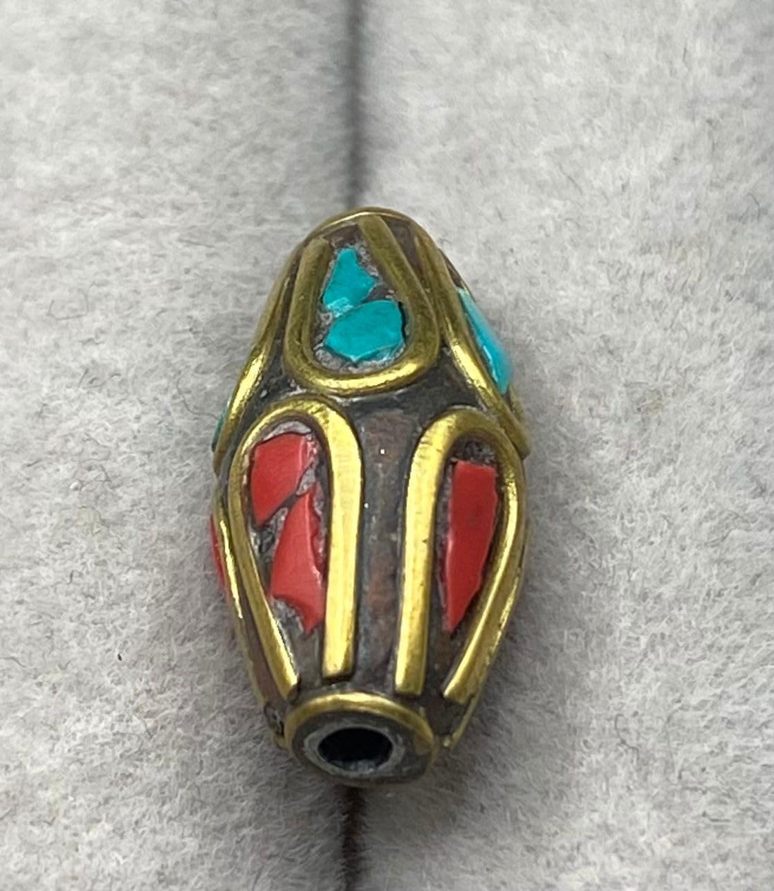 Old Antique Handcrafted 21x10mm Nepalese Tibetan Brass Bead with Turquoise & Coral Inlay – Vintage Ethnic Dzi Style Barrel Buddha Prayer Amulet Bead for Jewelry Making