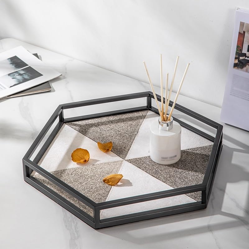 Cafeteria Tray Light Luxury Hexagonal Horsehair Tray Entrance Storage Cosmetics Desktop Tray Gray and White Ornaments Decorative Jewelry Tray Serving Trays(A,Medium)