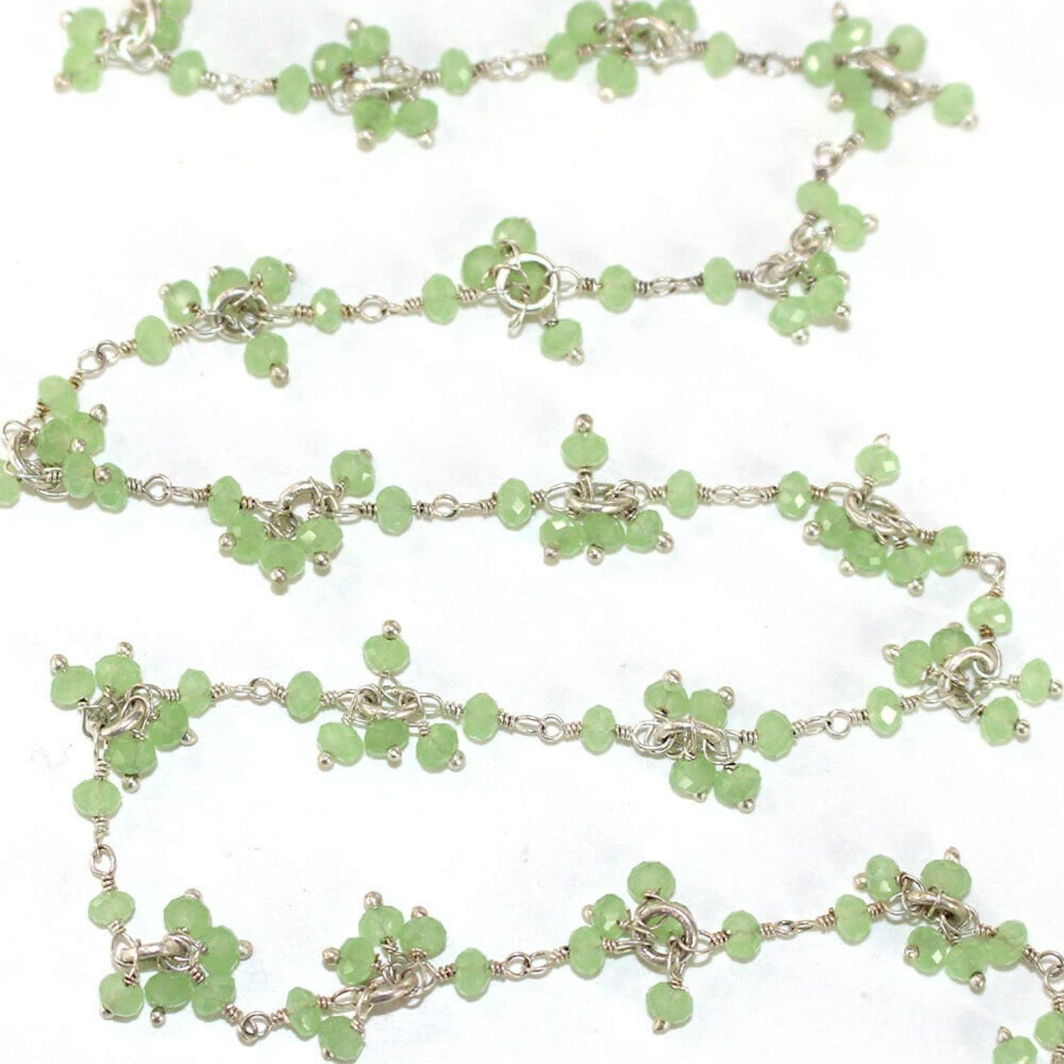 36 inch Long gem Green Chalcedony 2-2.5mm rondelle Shape Faceted Cut Beads Wire Wrapped Sterling Silver Plated Dangling Rosary Chain for Jewelry Making/DIY Jewelry Crafts #Code - DANRCH-024