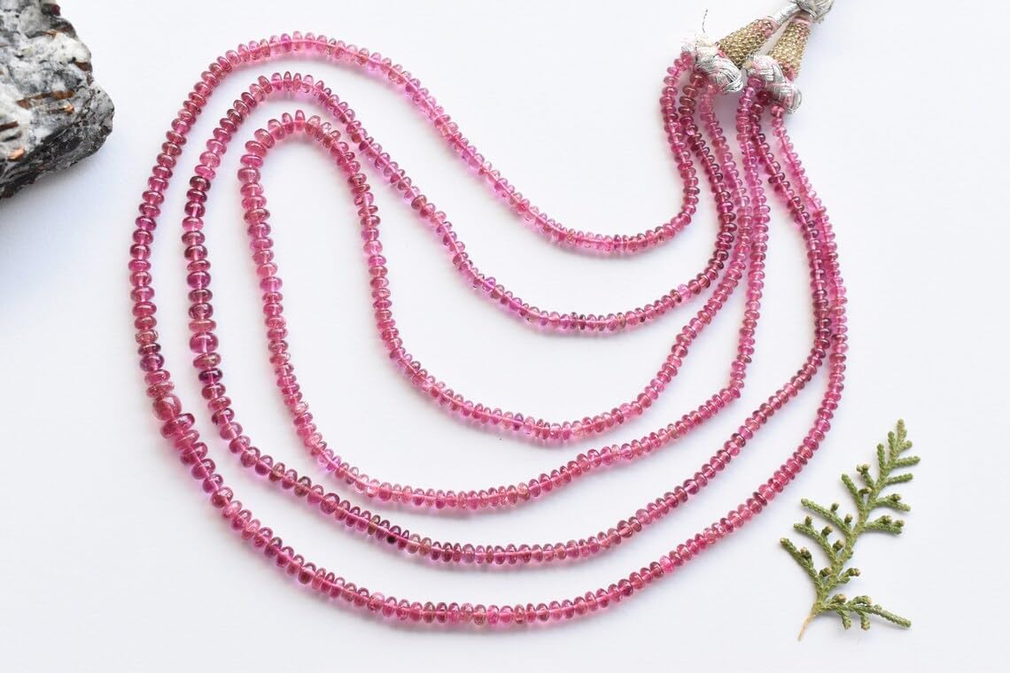 Kashish Gems & Jewels 3 Strands Bunch Rubellite Tourmaline Smooth Rondelle Beads Natural Gemstone Plain Center Drill Beads Line | Rubellite Beads | 5x5 to 3x1.5mm