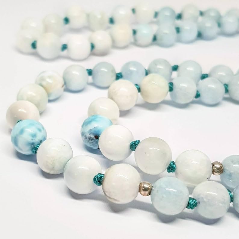Natural Aquamarine & Larimar 8mm 108 Mala Beads, Spiritual, Meditation Beads, Reiki, Japa Mala, Buddhist Prayer Beads, Yoga Bracelet, healing beads LKMALA-RRGU-2316, 34 inch