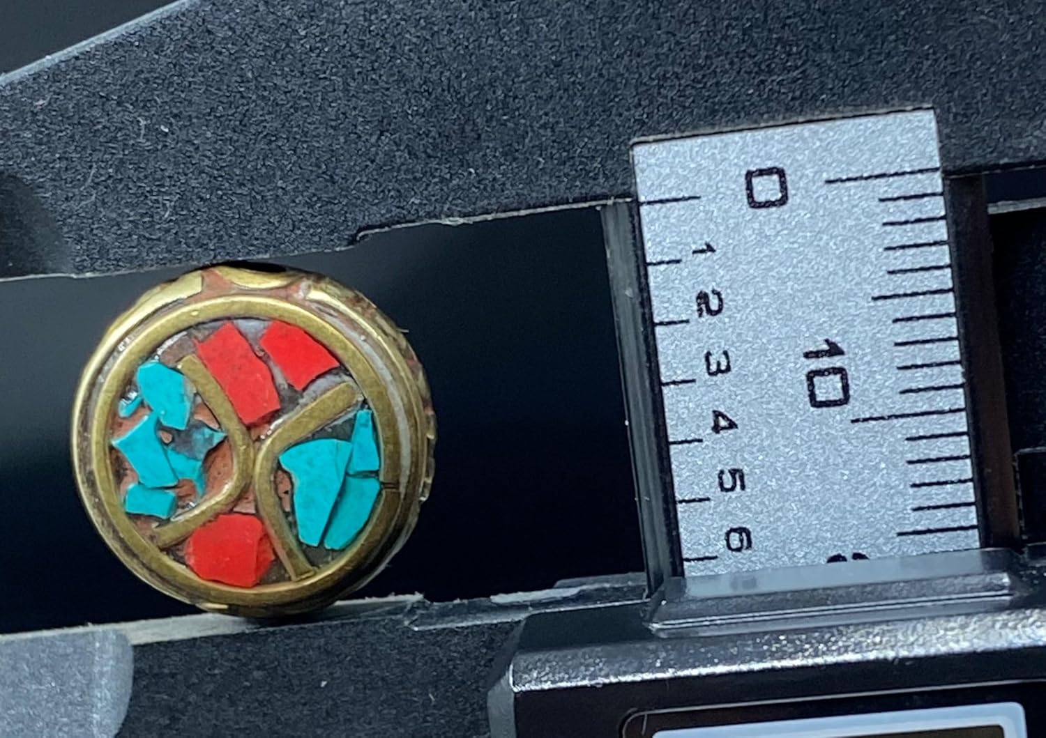 Old Antique 16x7mm Nepalese Tibetan Bead with Coral and Turquoise Inlay – 3.6g Handmade Brass Vintage Bead for Jewelry Making, Boho Crafts, Healing & Meditation Accessories (50)