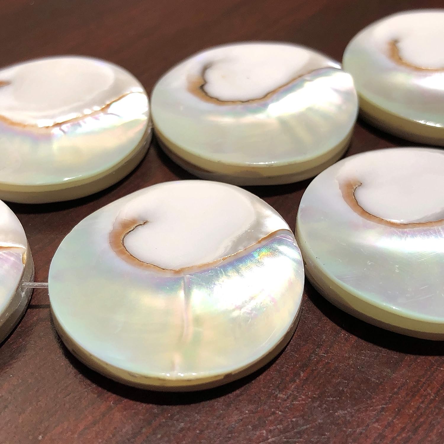 ABCGEMS Metallic-Silver Mermaid-Nautilus Beads with Iridescent Flash (Each Piece Produces Only One Bead from Its Center) Thick Nacre - Core Spiral Cut - Gigantic 30mm Coin (Full Strand - 14 Beads)