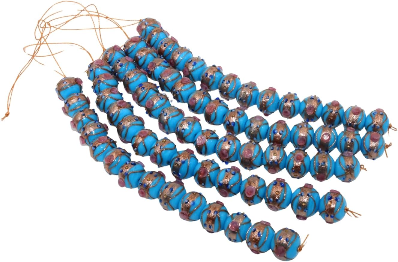 Handcrafted Blue & Golden Dual Tone Lampwork Glass Beads | 16mm Round Loose Beads with Pink & Blue Accents | Available in 10 Strands | Jewelry Making & DIY Crafts