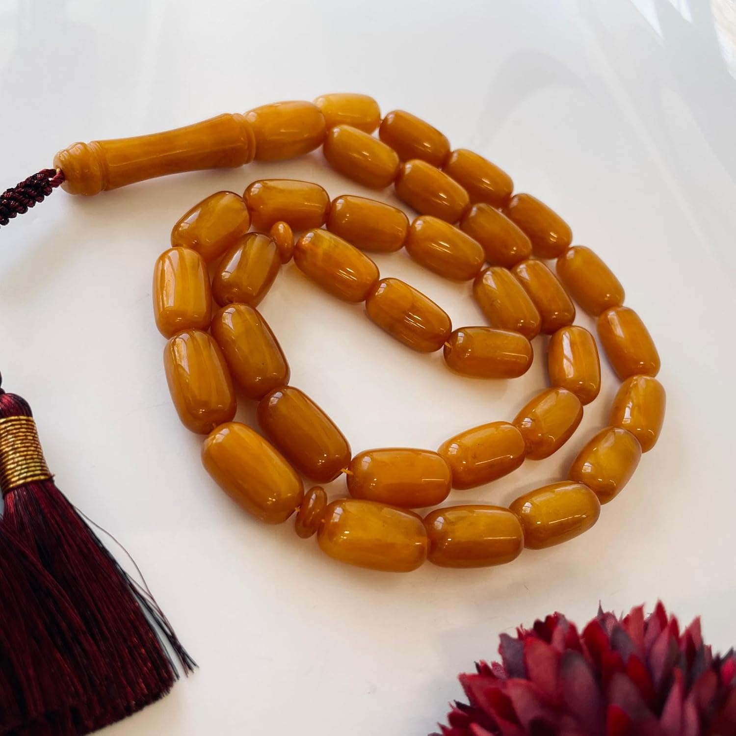 AMBERSTONE Vintage Orange Amber Islamic Prayer - Barrel Beads Rosary - Premium Handmade Tasbeeh for Dhikr - Amber Misbaha - 33 Beads / 62.6 g