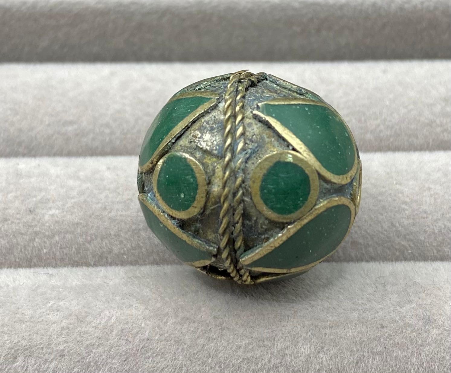 Antique Tibetan Brass Inlay Bead 25x22mm 4.5g | Vintage Green Stone Handmade for Jewelry Making | Ethnic Nepal for Necklace, Bracelet, Earring Craft | Old Tribal Boho Bead (50)