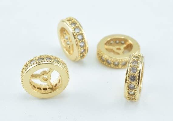 Beaded Jewelry 10mm Roundel 18k Gold Filled EP Micro Pave Beads with Clear CZ Cubic Zircon,Sparkle, Bling Spacer Beads